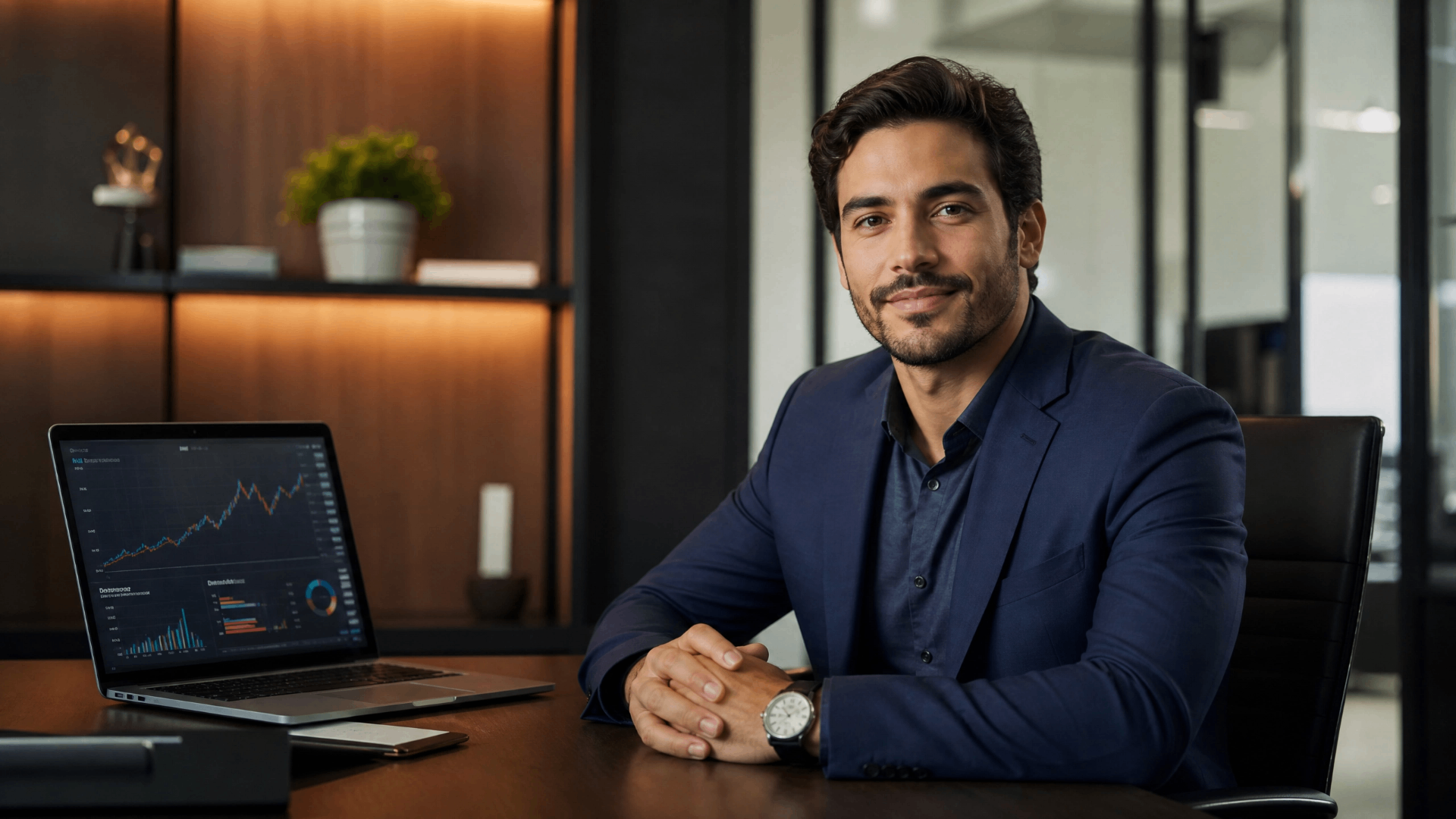 Empresário confiante analisando indicadores em um tablet